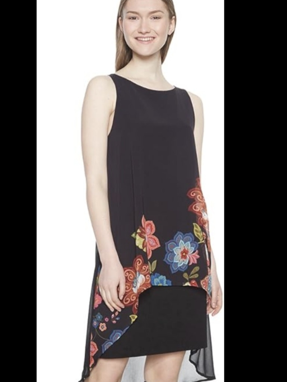 Desigual Black Asymmetrical Floral Hem Sleeveless Dress - Picture 3 of 11